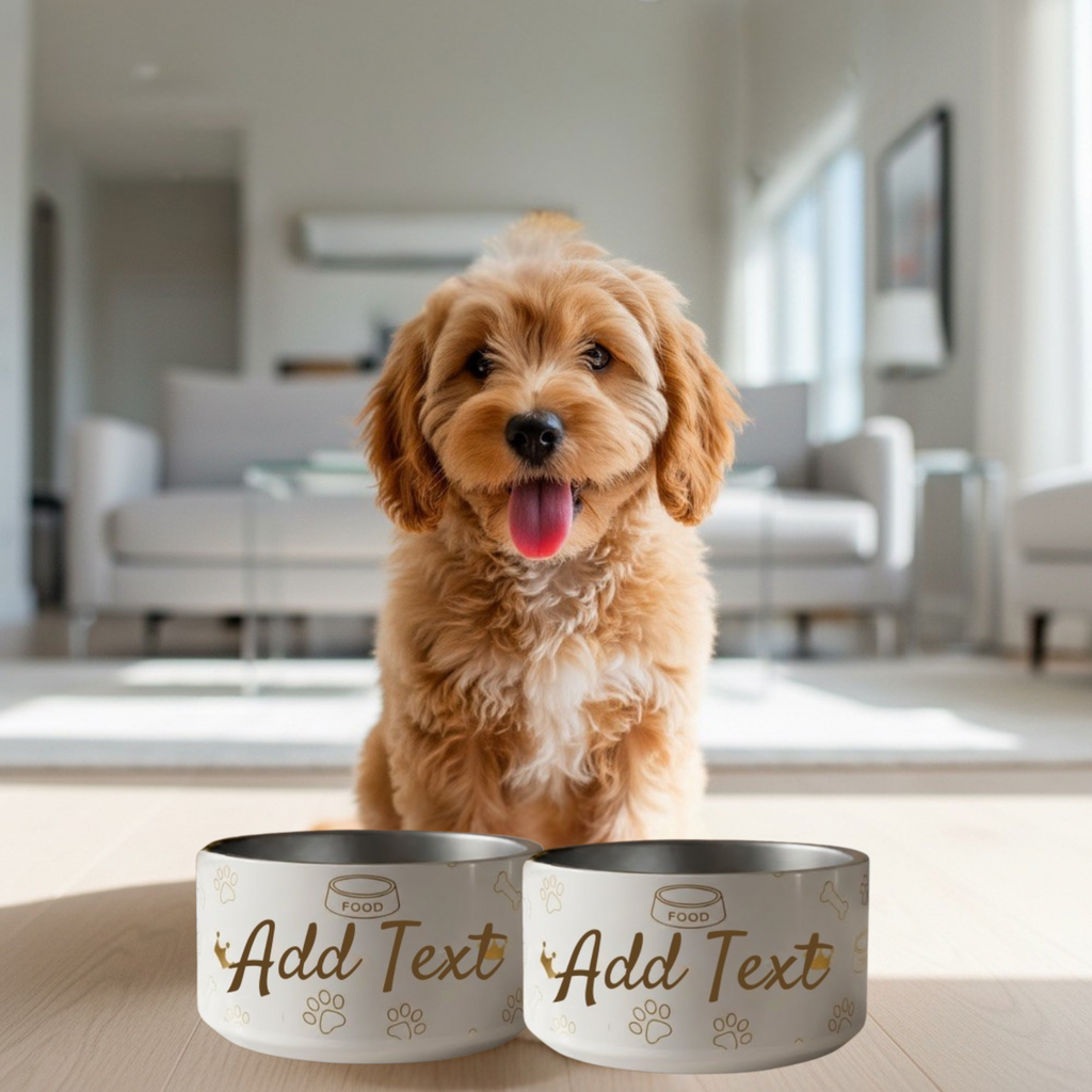 Dog sitting in a living room with two personalized dog bowls in front of it.