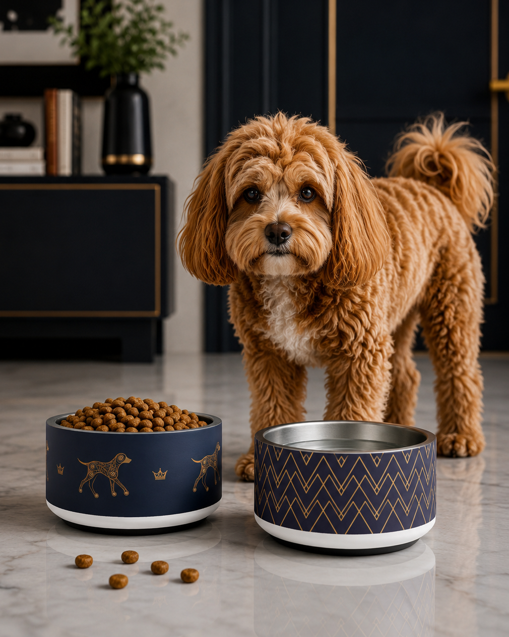 Dog standing next to two bowls, one with kibble, in a modern indoor setting.