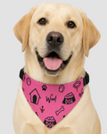 Dog wearing a pink collar with black patterns on a white background