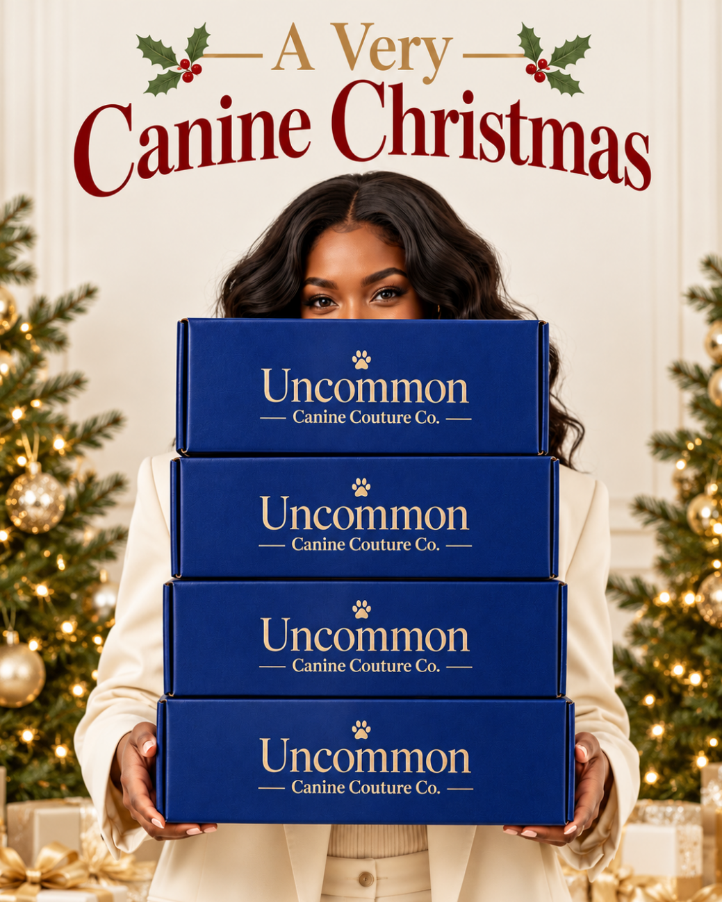 A woman holds a stack of four blue boxes branded 'Uncommon Canine Couture Co.'  festive holiday theme with the text 'A Very Canine Christmas'.