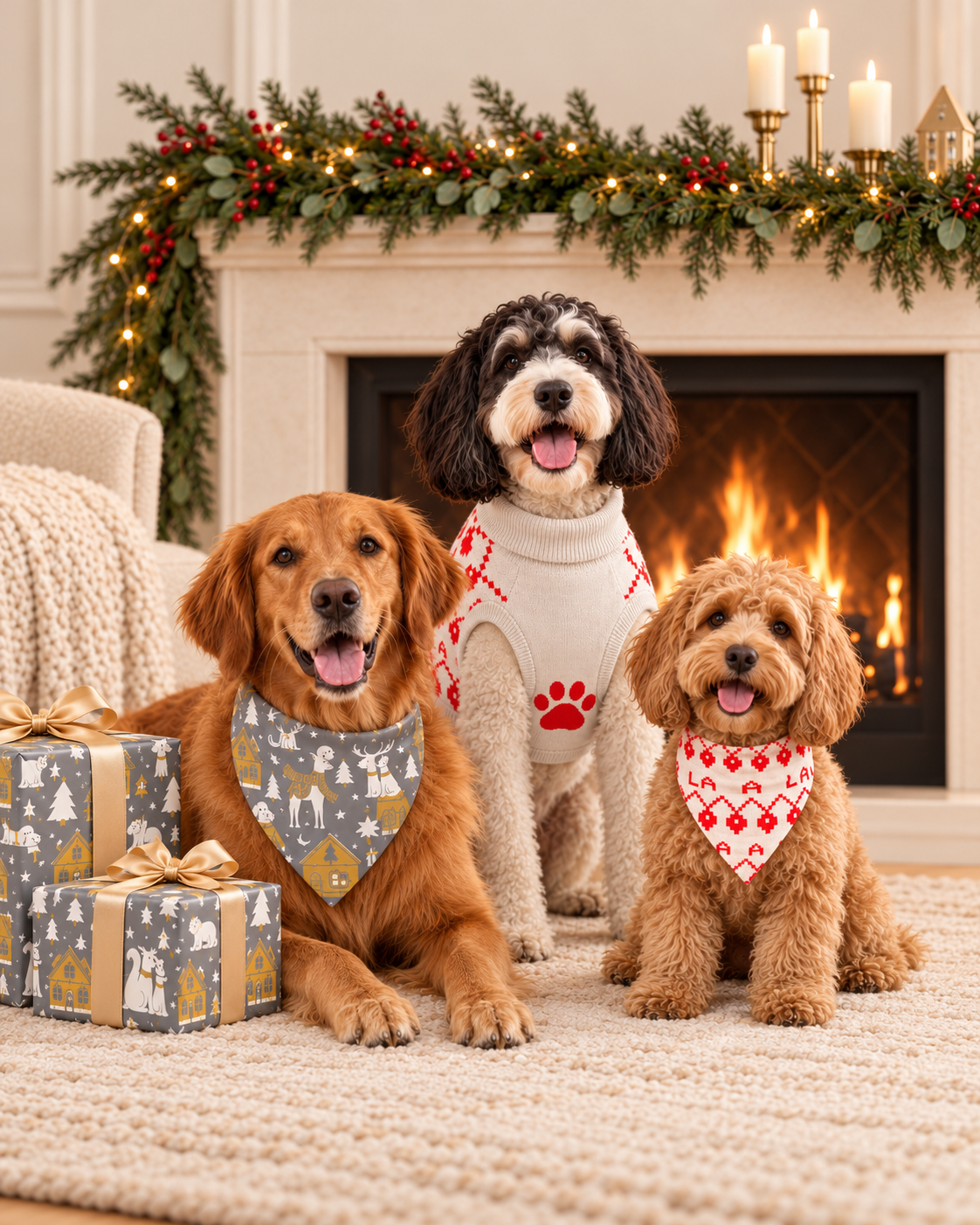 Image of dogs, various sizes wearing Christmas bandannas and sweater, wrapping gift boxes and a fireplace.