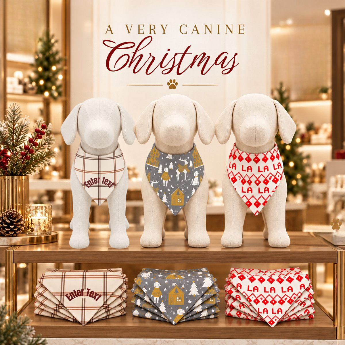 Three dog-shaped mannequins display bandanas on a shelf in a holiday-themed setting, with folded bandanas, text 'A VERY CANINE Christmas' above.