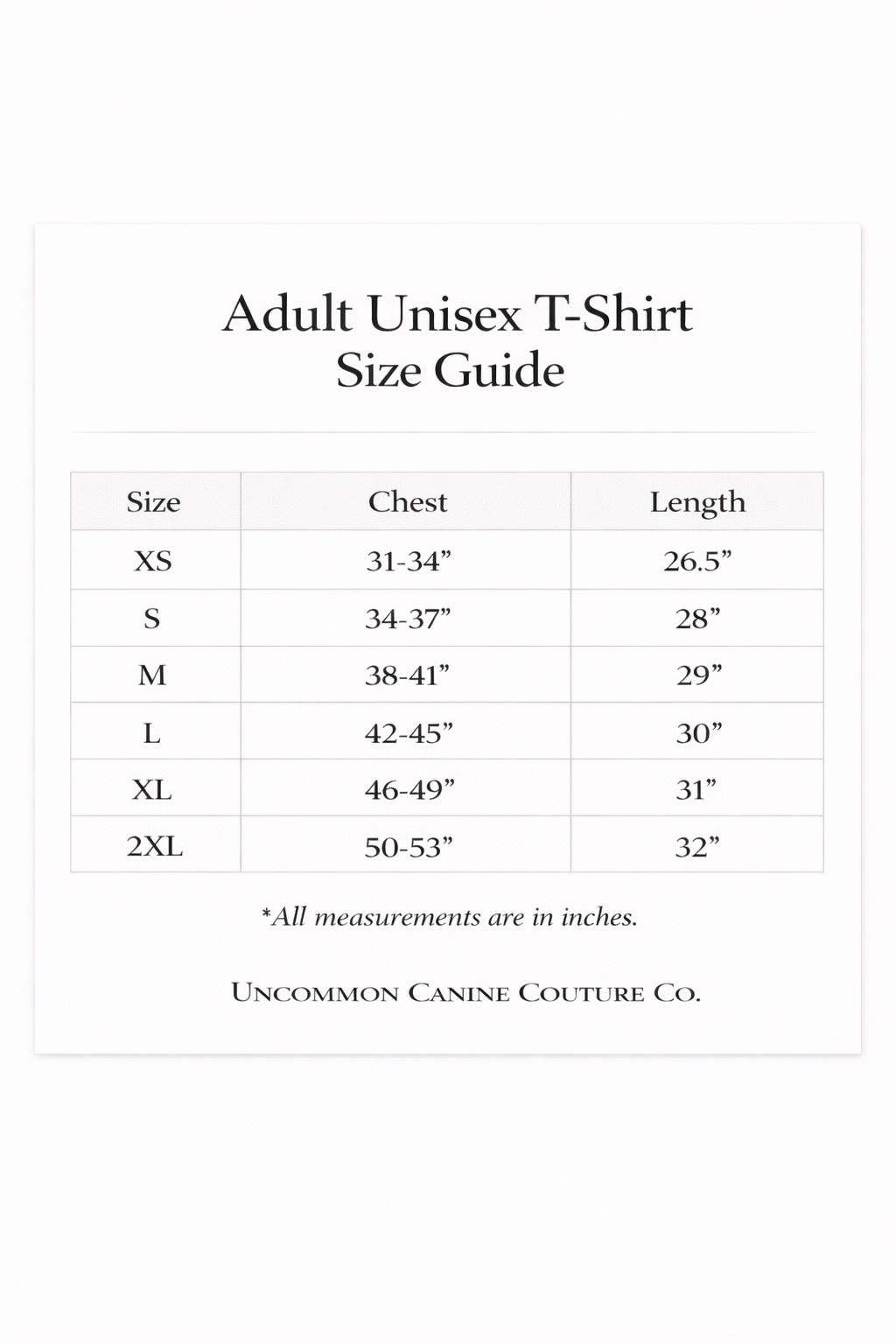 Size guide for adult unisex t-shirts with chest and length measurements.