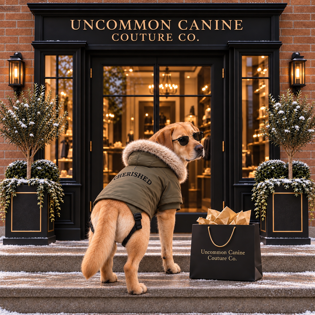 A golden retriever wearing a khaki green Parka with a faux-fur collar and the words ‘Cherished’ stands in front of a storefront labeled 'UNCOMMON CANINE COUTURE CO’ with a shopping bag. 