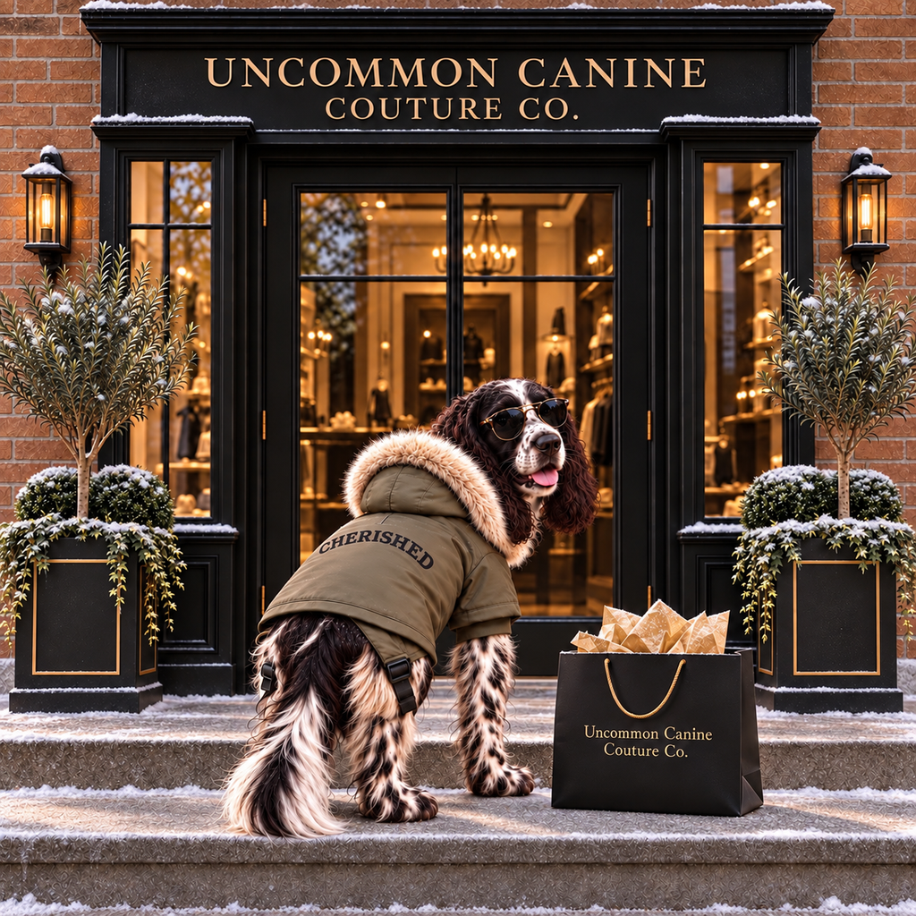 A cocker spaniel wearing a khaki green parka with a beige fur-trim and the word 'CHERISHED' on the back stands on snowy steps in front of a storefront labeled 'UNCOMMON CANINE COUTURE CO.’ And a matching shopping bag.
