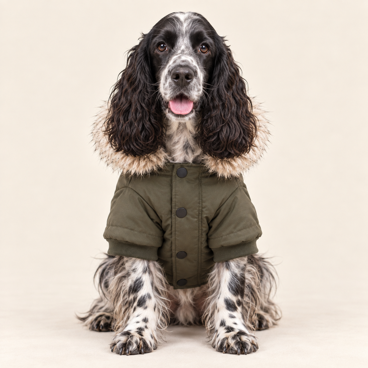 A black and white long-eared dog wearing an  puffer jacket with a faux-fur trimmed hood, sitting against a solid light white background.