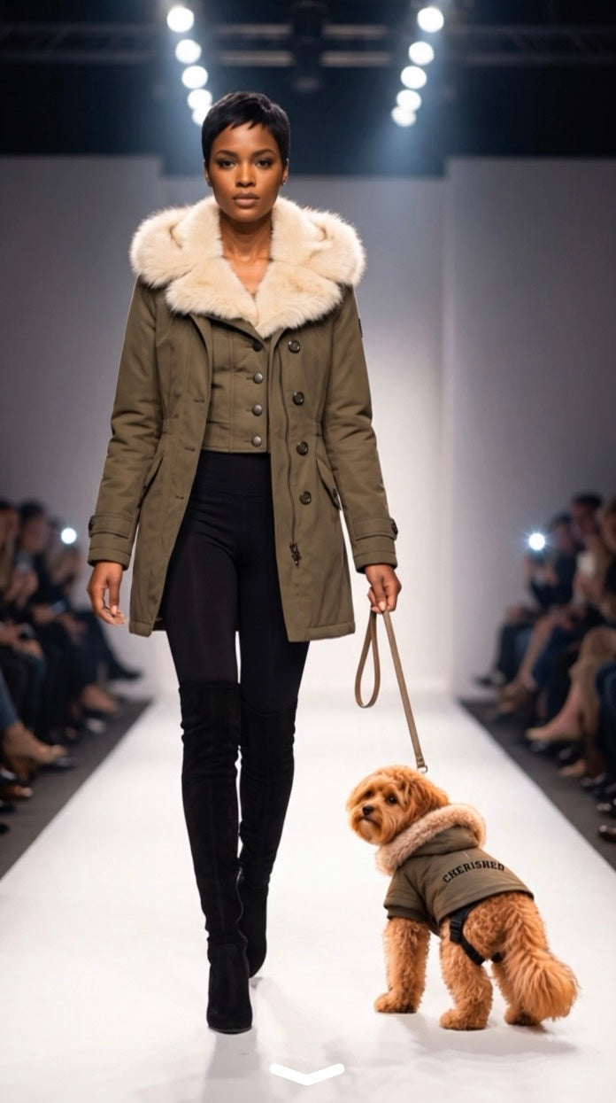 Fashion show image of a woman model wearing a khaki parka on a runway with the a  Cavapoo wearing a personalized dog khaki. 