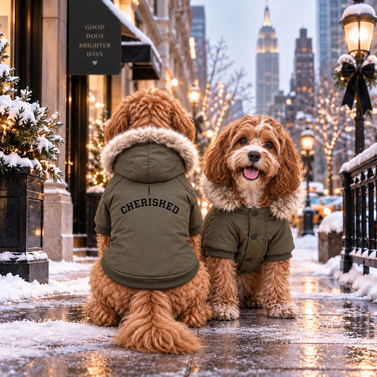 Two Cavapoo sits on a snowy city sidewalk, back and front images, wearing a khaki hooded jacket with fur-trimmed collar with “CHERISHED" on the back. 