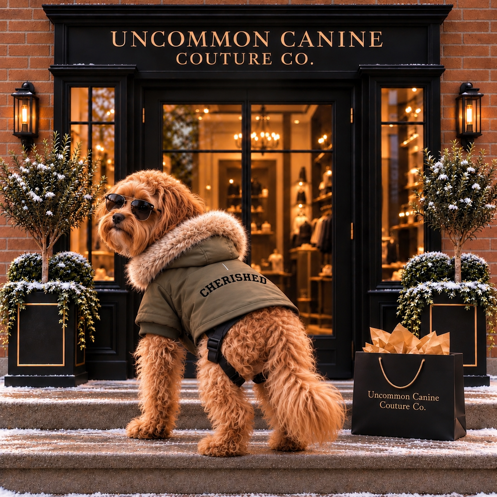 A Cavapoo wearing a khaki green parka with fur-trim and the word 'CHERISHED' on the back stands on snowy steps in front of a storefront labeled 'UNCOMMON CANINE COUTURE CO. and shopping bags.