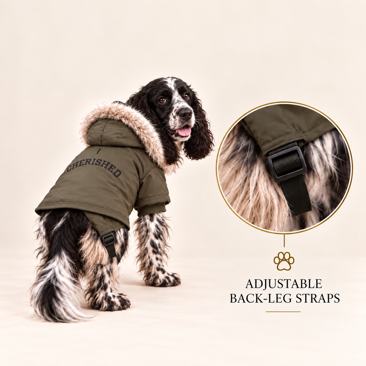 A medium dog wearing a khaki green dog hoodie parka with a beige faux-fur-trimmed. A circular inset shows a close-up of the adjustable back-leg strap.
