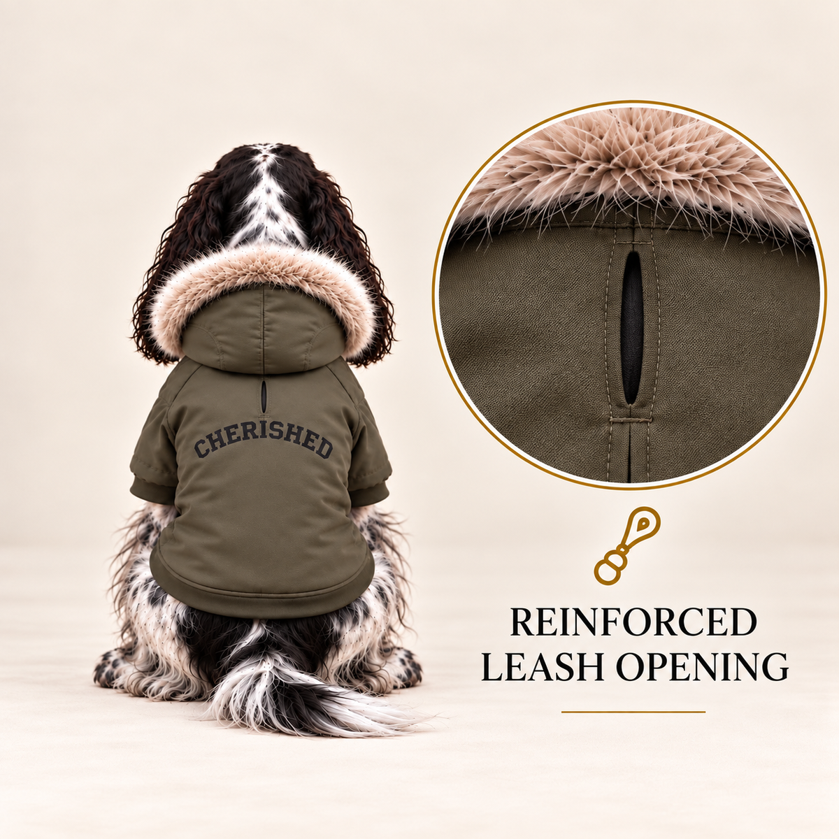 A dog wearing a personalized khaki green dog parka coat with a faux-fur trimmed hood, includes a circular inset detail of the reinforced leash opening.