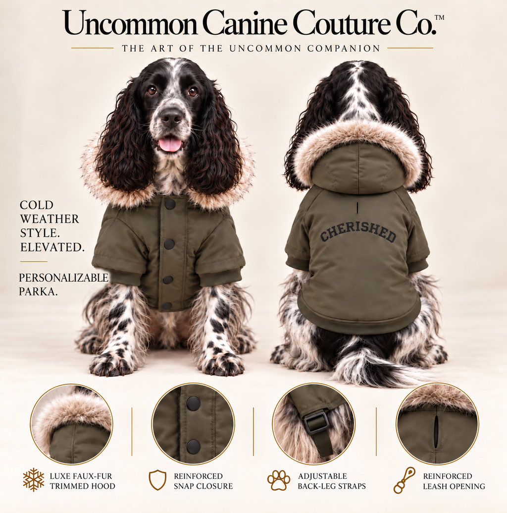 A spaniel front and back views personalized parka, with feature details; a khaki green with a light tan faux-fur trimmed hood, reinforced front dark buttons and leash opening, with adjustable back strap.
