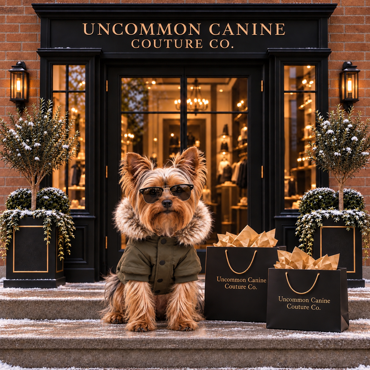 A small tan dog wearing a fur-trimmed khaki Parka and sunglasses sits on the steps in front of a storefront labeled "UNCOMMON CANINE COUTURE CO." Two matching shopping bags.
