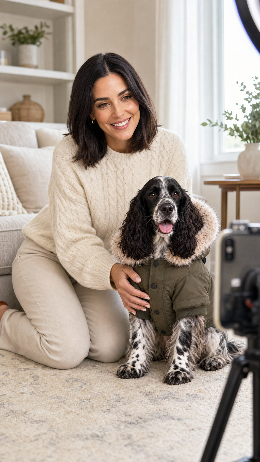 Woman sitting on the floor next to a medium sized dog wearing a khaki green Parka.  Background cream, modern living room