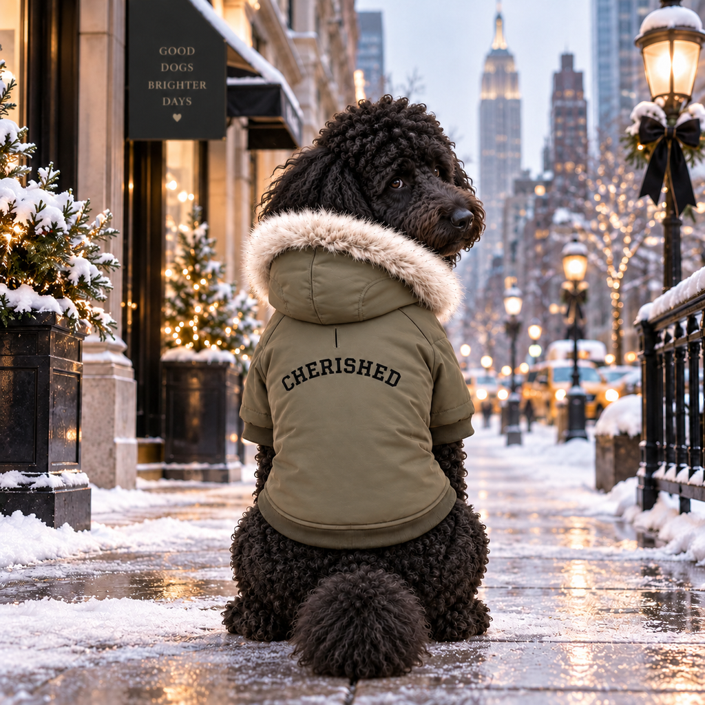 A medium dog sits on a snowy city sidewalk wearing an hooded parka with a cream faux-fur trim and the word 'CHERISHED' printed on the back. 