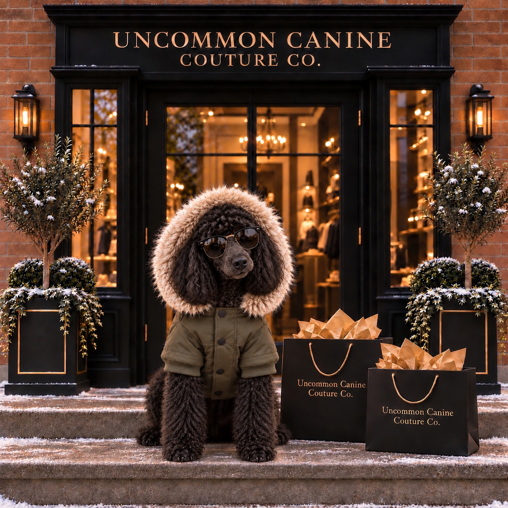 A black poodle wearing an olive green winter coat with a beige fur-trimmed hood sits on the steps in front of a storefront labeled 'UNCOMMON CANINE COUTURE CO.' 