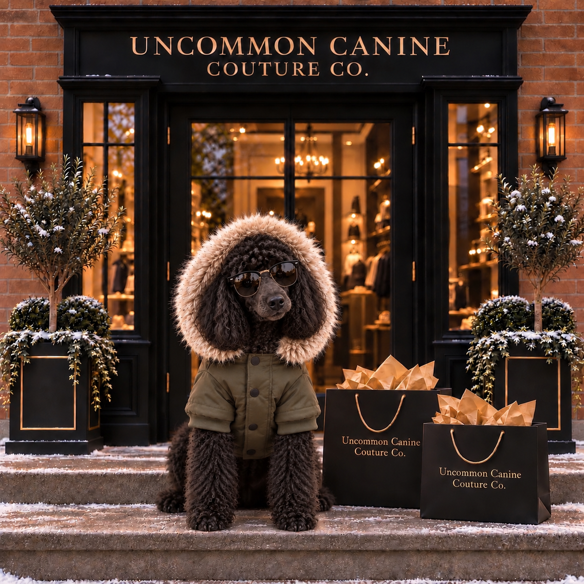 A black poodle wearing an olive green winter coat with a beige fur-trimmed hood sits on the steps in front of a storefront labeled 'UNCOMMON CANINE COUTURE CO.' 