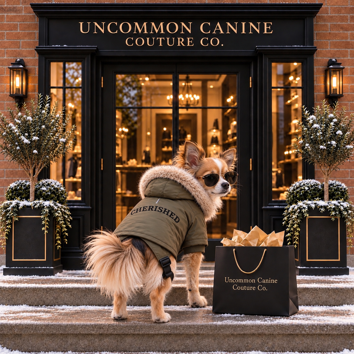 A stylish small tan dog wearing a khaki green parka  with a fur-trimmed hood stands on the steps in front of a storefront labeled "UNCOMMON CANINE COUTURE CO." A matching black shopping bag sits beside the dog.
