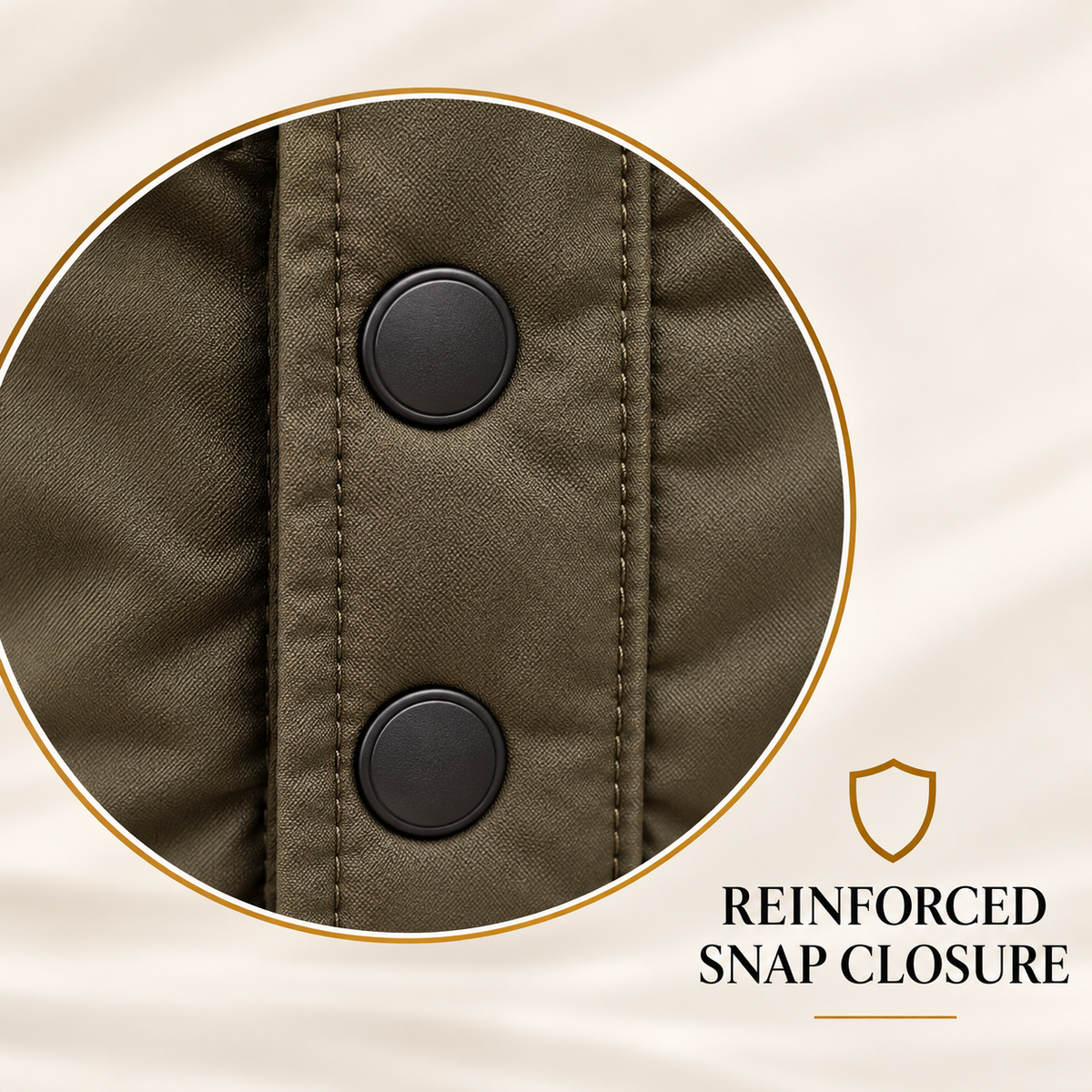 Close-up detail of a garment two black reinforced snap buttons on fabric panel, with a circular inset and the text 'REINFORCED SNAP CLOSURE'.
