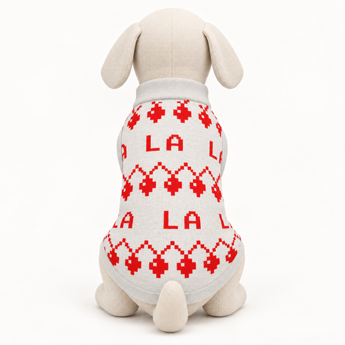 Back view 2xs mannequin wearing a ivory knit dog sweater with red lettering and geometric Christmas motifs, on a white background.
