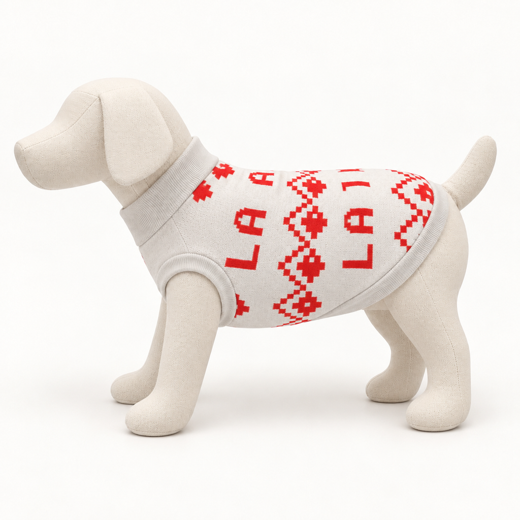 A cream-colored dog mannequin wearing a knit pet sweater with a red geometric pattern and the word 'LA' repeated, shown against a plain white background.