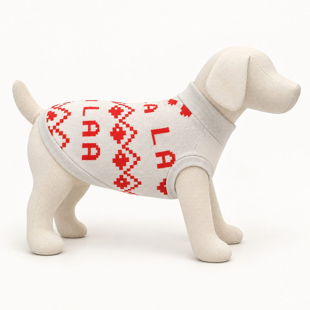 A dog-shaped mannequin wearing a knit sweater with a red Christmas pattern and the word "LALA”, in large red letters, on a white background.