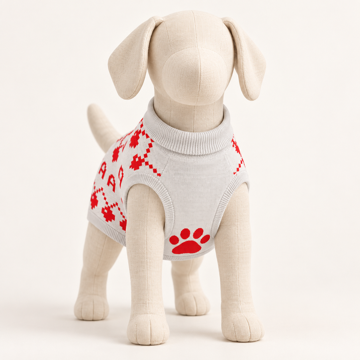 A large front facing mannequin wearing knit dog Christmas sweater with a red paw, lettering and geometric holiday motifs.