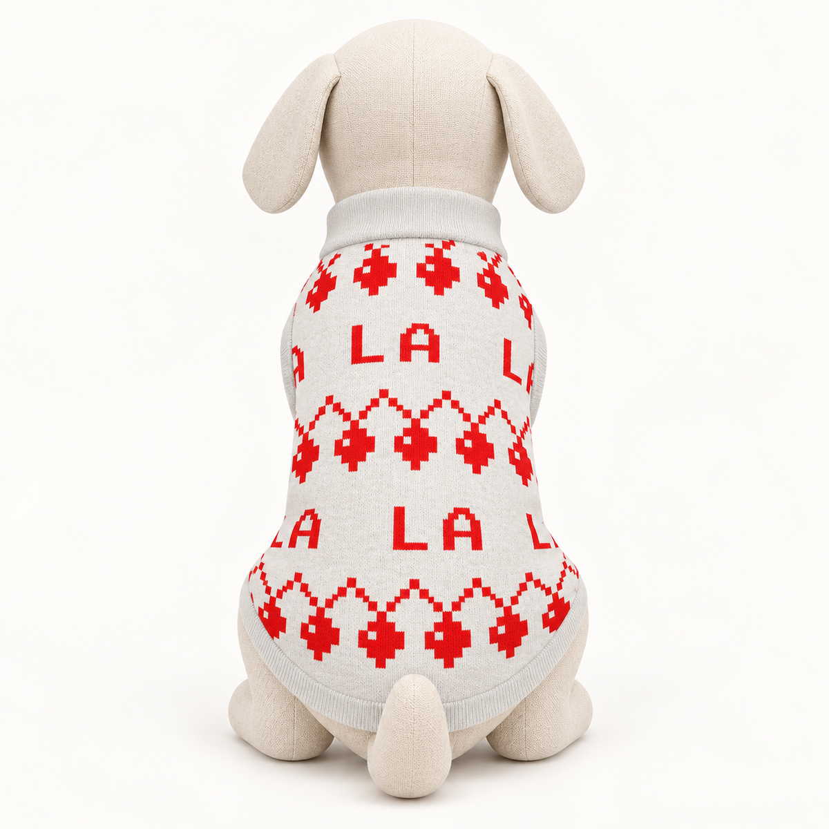 Back view medium mannequin wearing an ivory whisper knit dog sweater with red lettering and geometric Christmas motifs, on a white background.