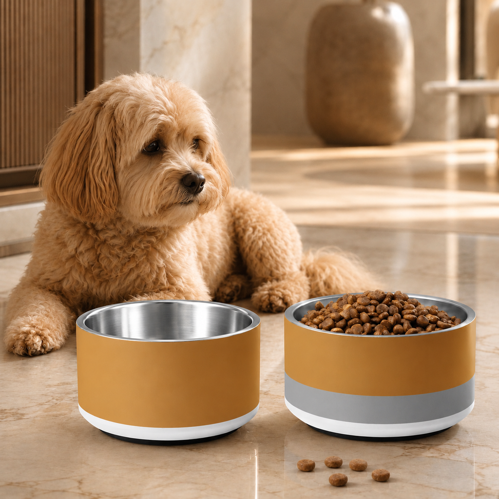 Classic Stainless Steel Dog Bowl – Champagne Gold / Soft Graphite – 18 oz