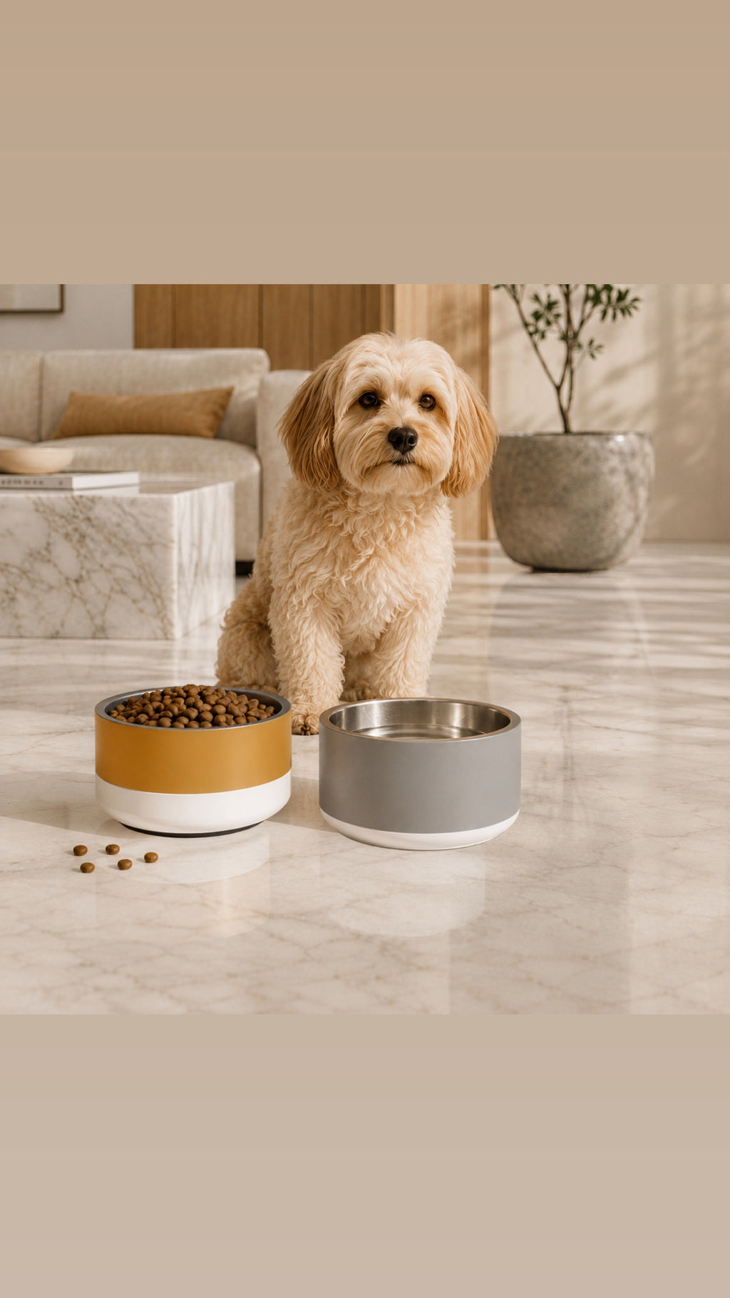 Classic Champagne Gold, Ivory and soft granite stainless steel 18 oz., dog bowl set. Background, modern earth-tone living room Uncommon Canine Couture Co 