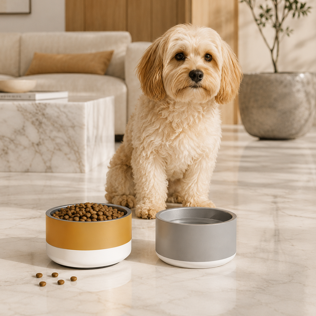 Classic Dog Bowl Stainless Steel - Champagne Gold / Ivory 18 oz