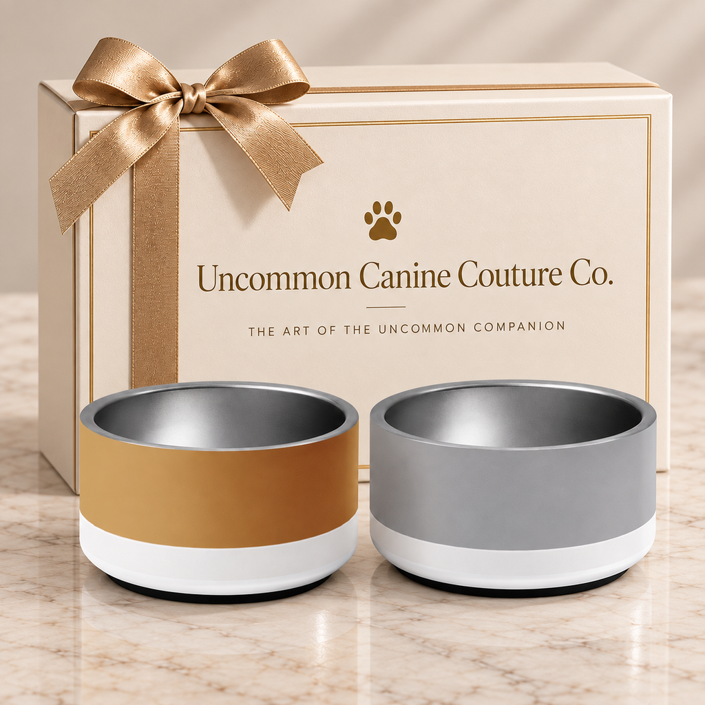 Two premium Stainless steel dog bowls, featuring two tones; Champagne, gold, ivory and Soft granite and ivory on a granite countertop and a designer gift box