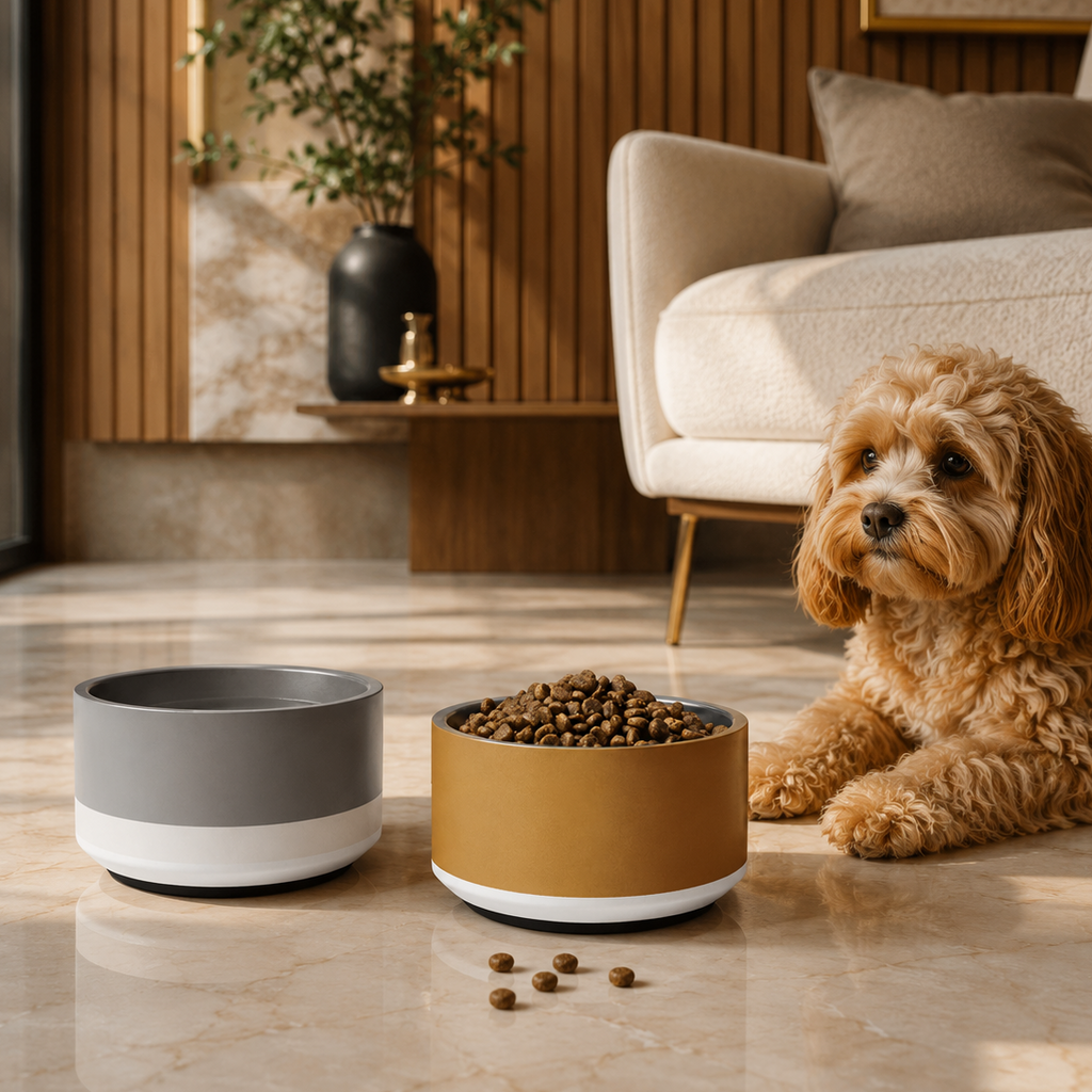 Classic Dog Bowl Stainless Steel - Soft Graphite / Ivory 18, 32 oz