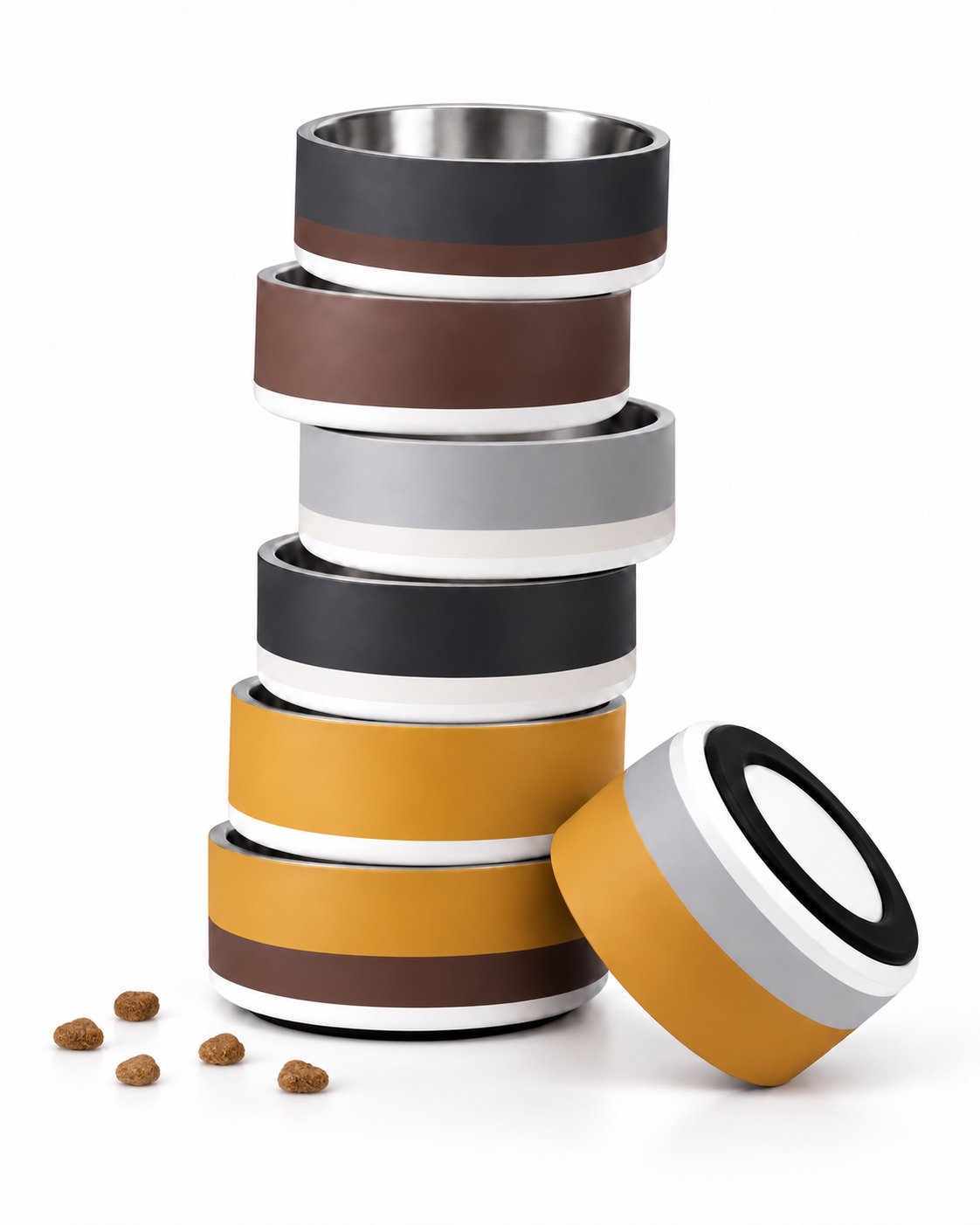 Six pet bowls with a minimalist multi-band design in brown, gray, Champagne gold, and ivory, arranged on a white background with a few kibble pieces at the bottom left.