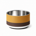 Two tone striped stainless steel dog bowl, espresso on the bottom and champagne gold on the top, on a white background
