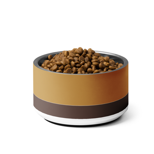 Two tone luxury dog bowl; Champagne gold and Espresso 18 oz stainless steel on a white background.