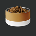 Dog food in a two tone stainless steel dog  bowl on a white background