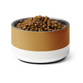 Classic Champagne Gold and Ivory stainless steel 18 oz., dog bowl filled with kibble on white background, Uncommon Canine Couture Co luxury pet bowl.