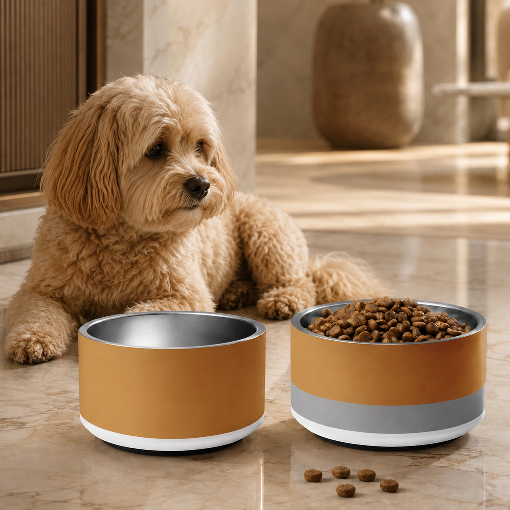 Small dog sitting next to two different earth-tone stainless steel 18-oz dog bowl mix & match set in a modern living room. 