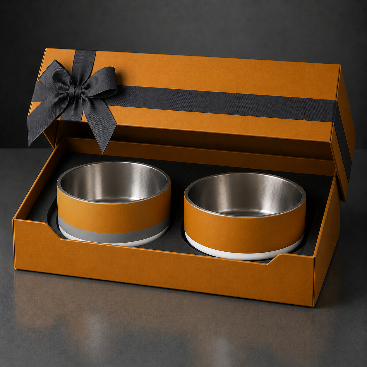 Champagne gold & soft granite stainless-steel dog bowl gift set, designer pet bowls in a luxury gift box with a navy bow.