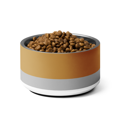 Pet food bowl with pet food on a white background
