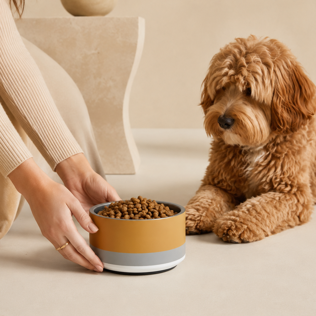 Person holding a bowl of dog food next to a brown dog on a light-colored floor.