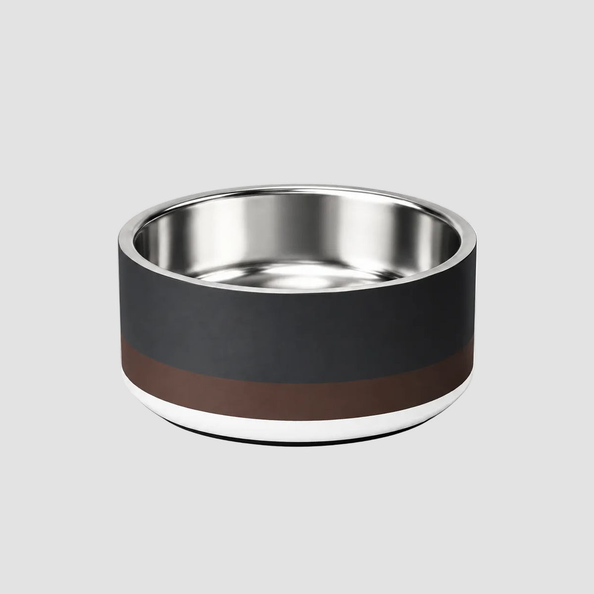 Two tone striped stainless steel dog bowl, dark charcoal, espresso 18oz, on a white background
