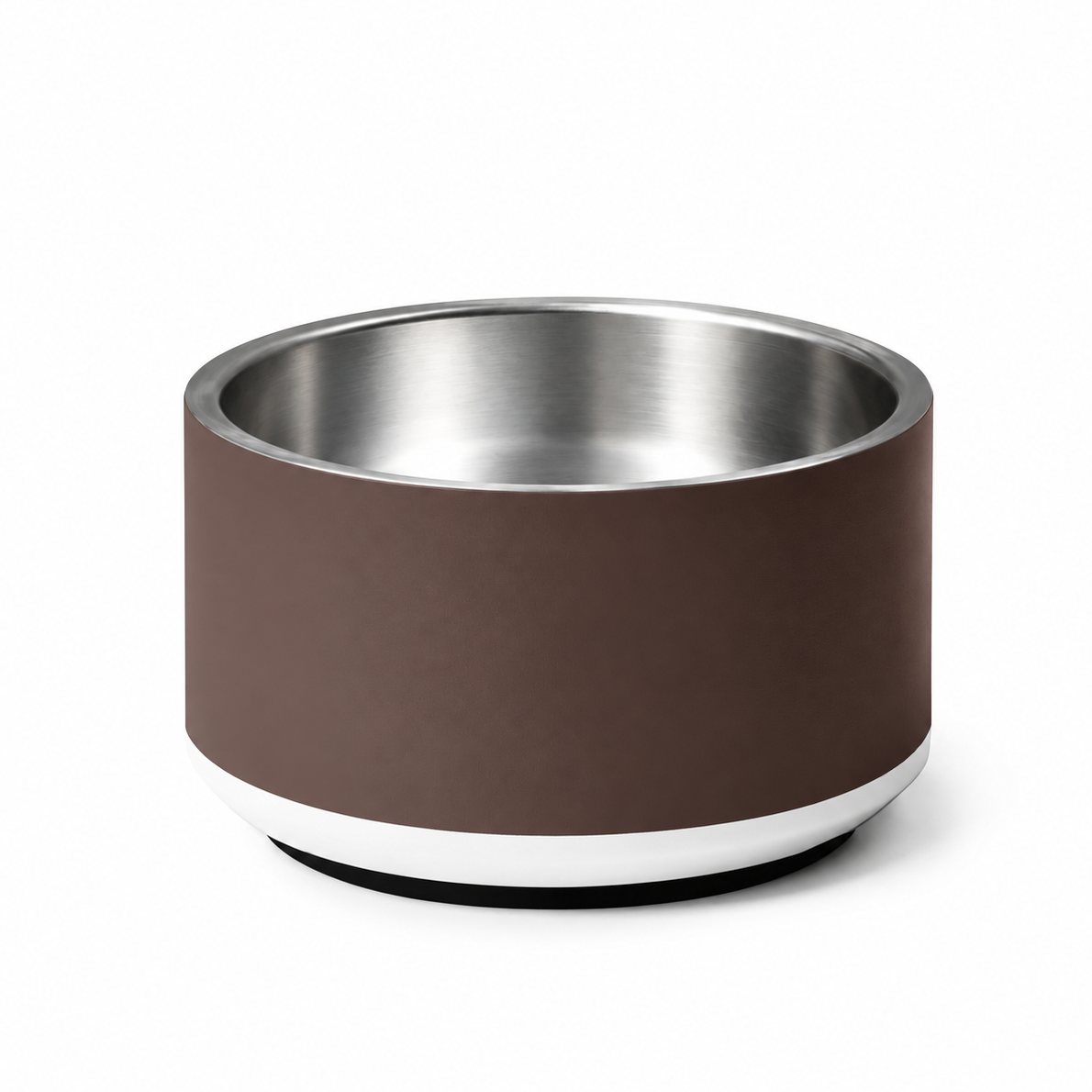 Stylish espresso stainless steel dog bowl, on a white background