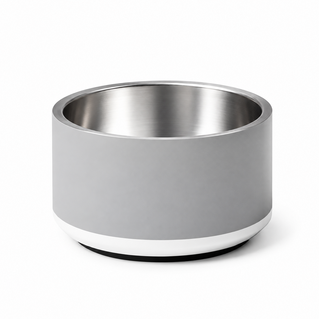 Soft graphite stainless steel dog bowl all over design, on a white background