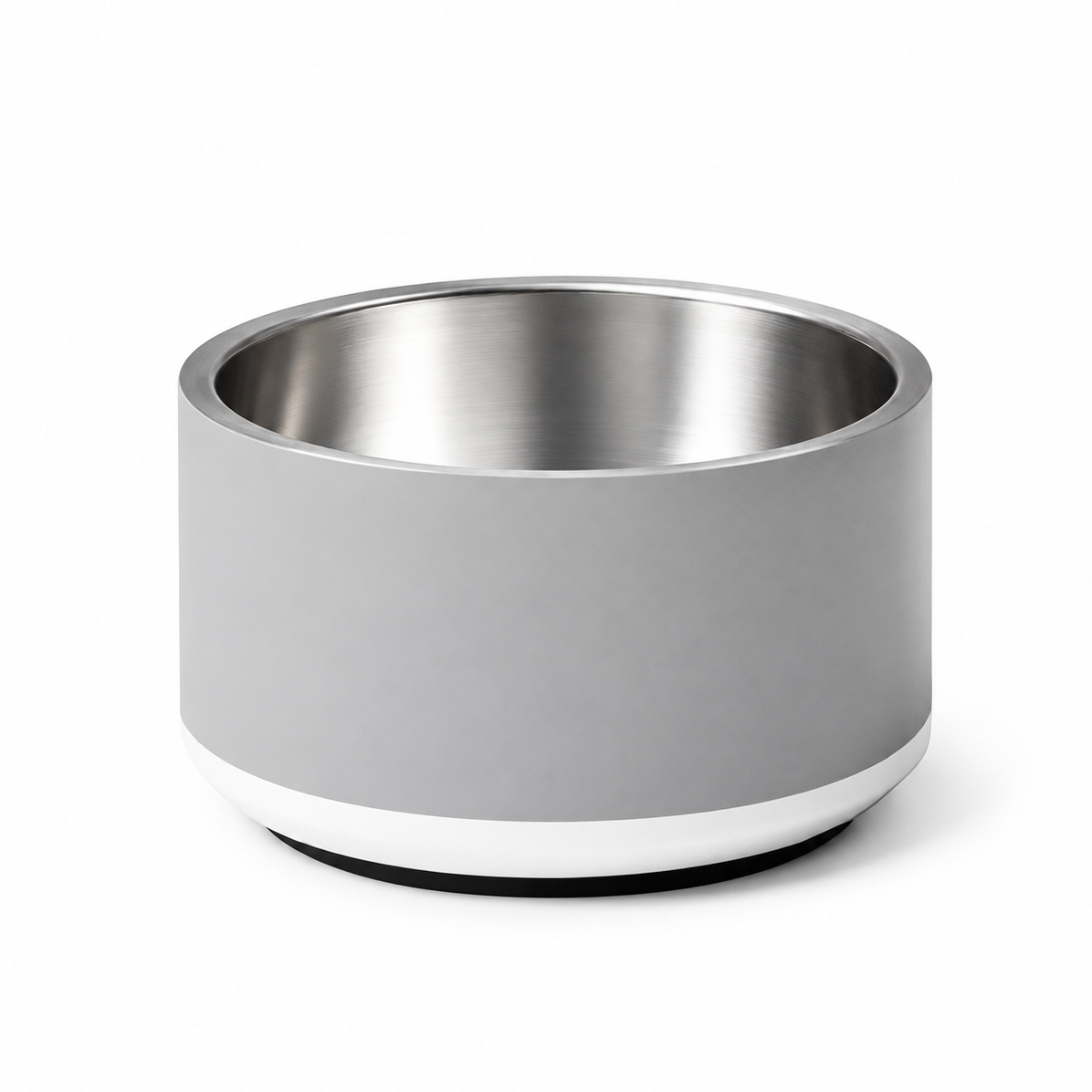 Soft graphite stainless steel dog bowl all over design, on a white background