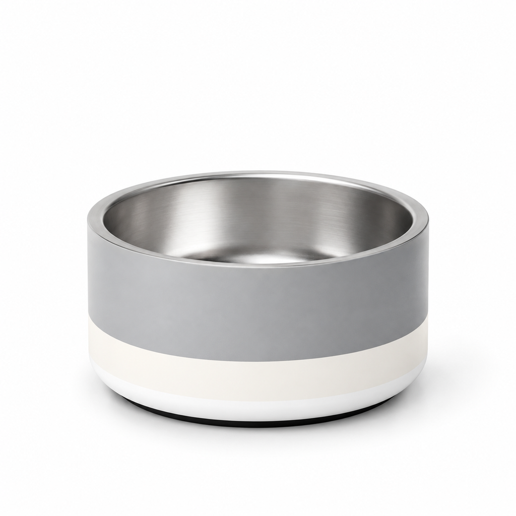 Stylish soft graphite and ivory stainless steel 18oz., dog bowl, all over design, featured on a white background.
