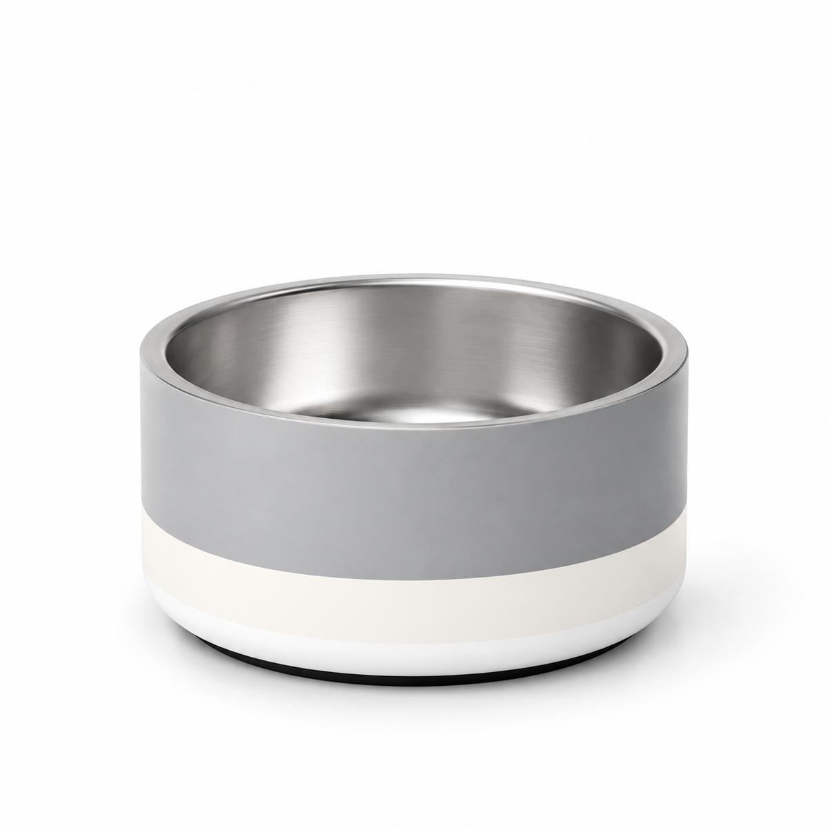 Stylish soft graphite and ivory stainless steel 18oz., dog bowl, all over design, featured on a white background.
