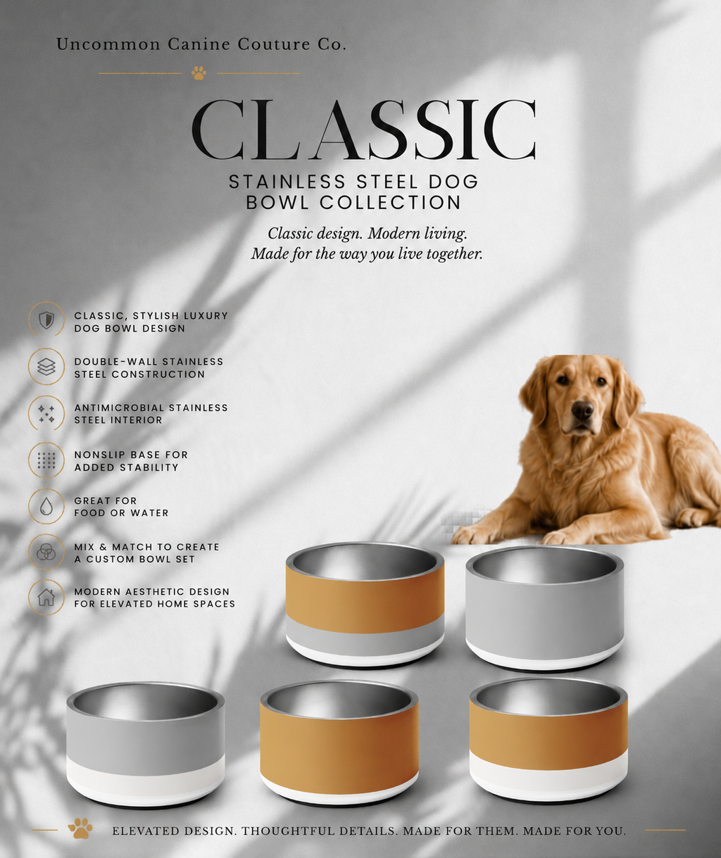 Advertisement for Uncommon Canine Couture Co. Classic Stainless Steel Dog Bowl Collection with a dog sitting next to the bowls.