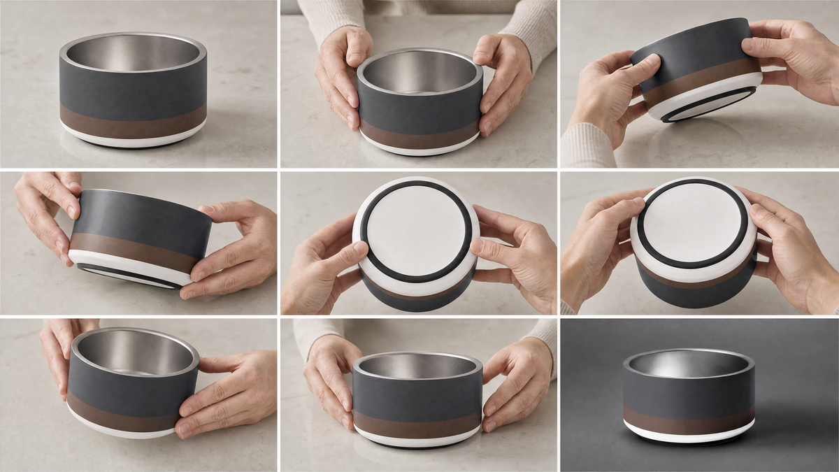 A 3x3 collage showing a stainless steel dog bowl multiple angles, with hands holding the bowl.